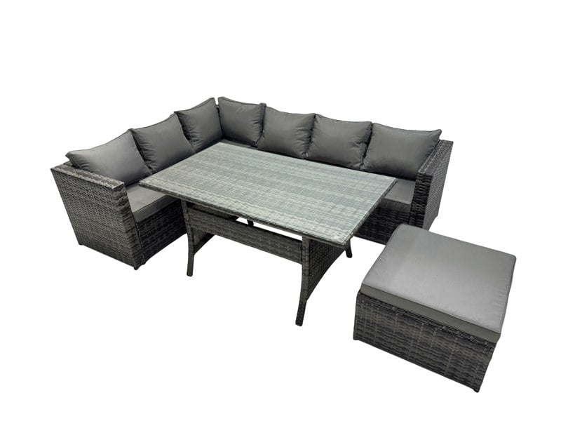 Fimous Outdoor PE Rattan Sofa Set with Dining Table Patio Garden Furniture Sets with Big Stool Dark Grey Mixed