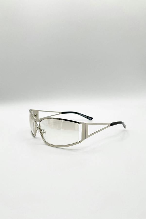 Retangle Wrap Around Metal Sunglasses In Silver - svnx