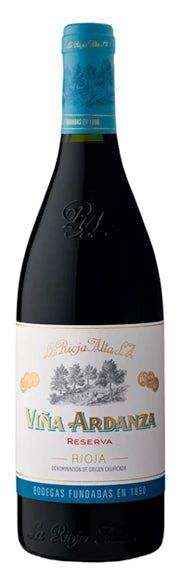 Red wine bottle with Vina Ardanza Rioja Reserva blue label on a white background