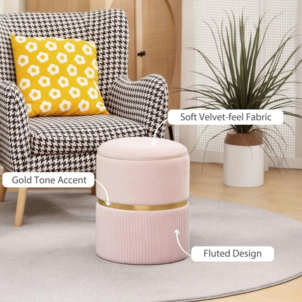 HOMCOM Round Pouffe Storage Footstool with Hidden Space - Pink