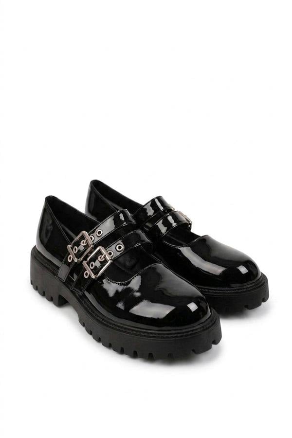 Saoirse Patent Double Buckle Chunky Shoes - Black_wb