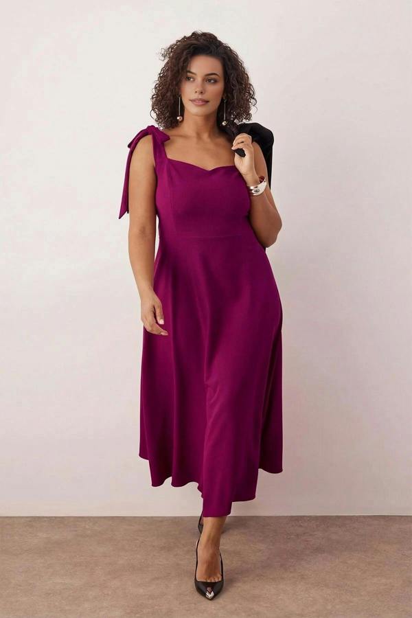 WOVCOR A-Line Midi Woven Evening Dresses with Strap Tie Detail