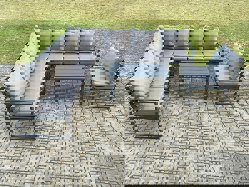 Fimous Aluminium 8 Seater Patio Outdoor Garden Furniture Lounge Corner Sofa Set with Oblong Coffee Table Dark Grey