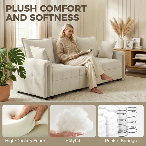 HOMCOM  3 Seater Sofa with Lift-Up Storage, 228 cm Velvet Couch, Beige