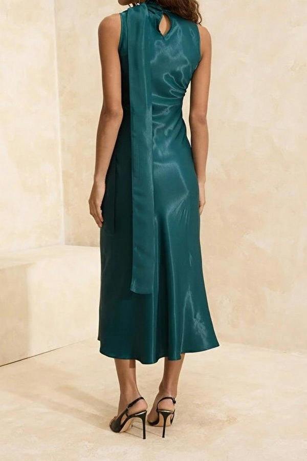 WOVCOR Satin Midi Dress with Scarf Detail