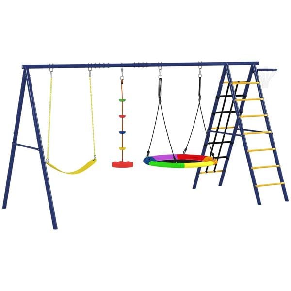 Metal kids swing set with ladder and three hanging swings