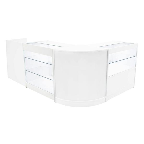 Vega LED Shop Counter Set in white, featuring sleek curved design, glass display sections, and modern finish for retail spaces