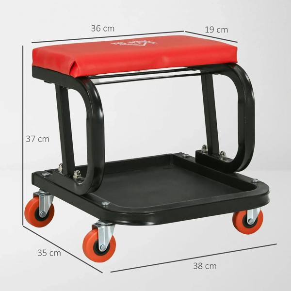Red padded seat rolling stool with black U-shaped swivel frame and tool tray