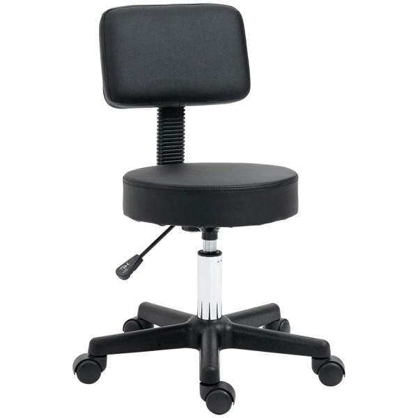 Black rolling swivel salon chair with padded seat and backrest, height adjustable on casters