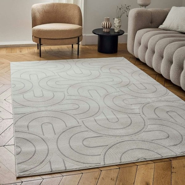 Living Room rug, grey-cream colours, geometric, practicality in mind, the rug is anti-allergic.
