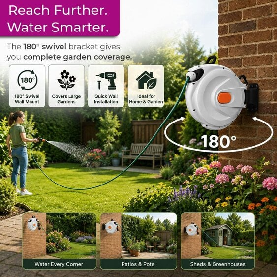 Neo Direct 30m Retractable Garden Hose Reel Wall Mounted 180° Swivel Bracket 8 Spray