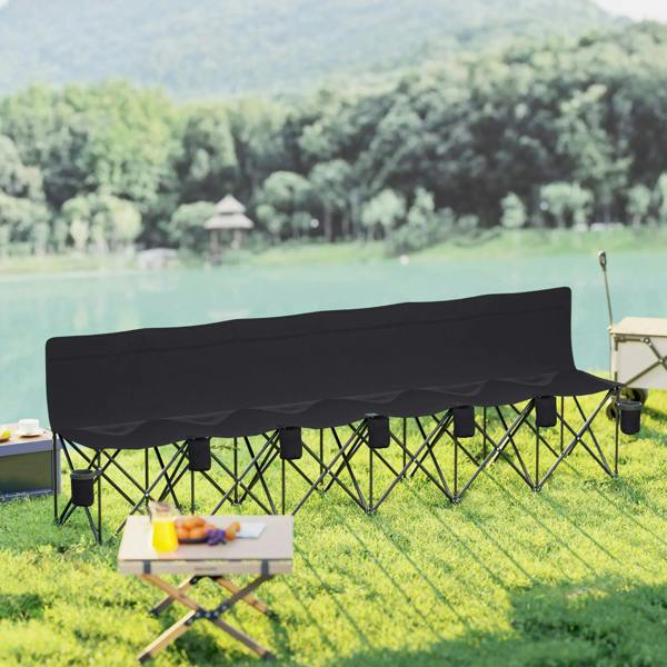 Black 6-seater folding camping chair with cup holder side pockets on grass