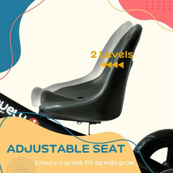 Black adjustable tricycle seat with 2-level height design close-up