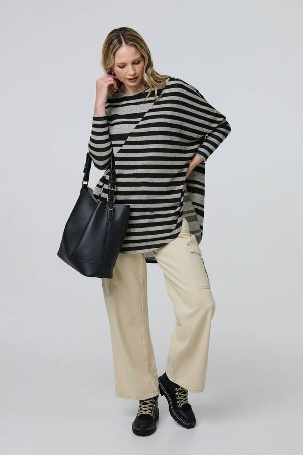 Grey | Striped Asymmetric Long Sleeve Tunic Top
