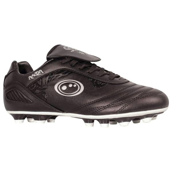 Black Optimum Razor football boot, outer side view, white ring logo, RAZOR print, white moulded-stud sole, on white - Optimum