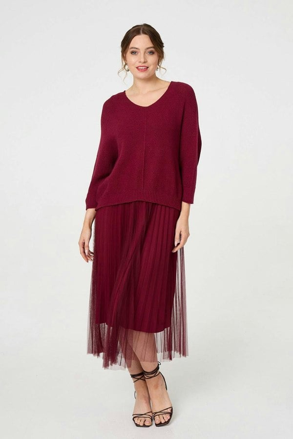 Burgundy | Layered Knit Top Mesh Pleated Midi Dress