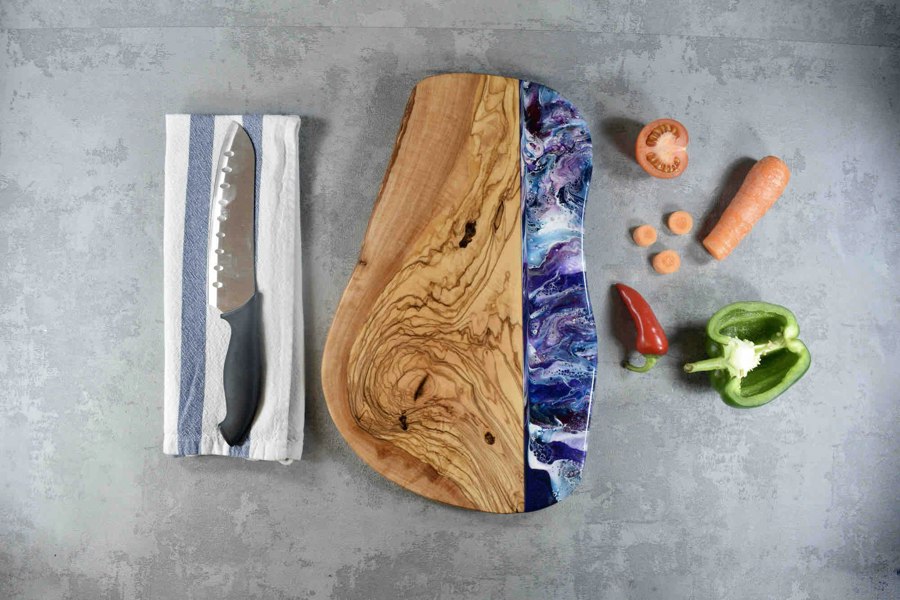 Large Purple Resin Art Olive Wood Cutting Board 40cm 