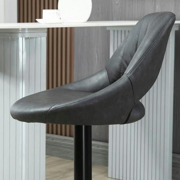 Grey PU leather bar stool with curved backrest and seat, black pedestal base