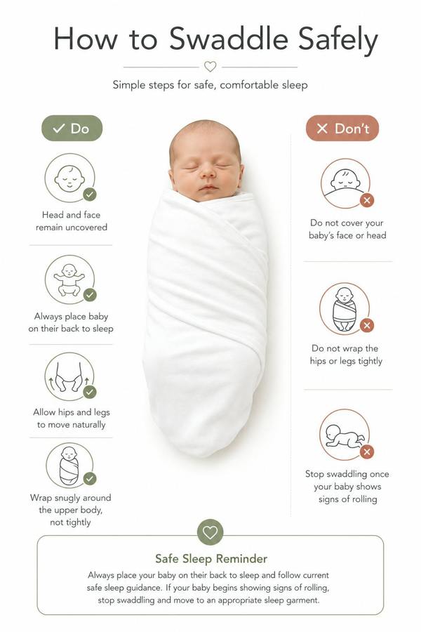 Safe swaddling infographic showing the do’s and don’ts of using Prima Cotton’s Organic Baby Swaddle for Sensitive Skin, including keeping the baby’s head uncovered, allowing free hip movement and placing babies on their back to sleep.