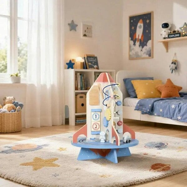 Bobobiy Wooden Activity Cube, Rocket Theme Educational Toys with Shape Sorter & Bead Maze for Toddlers 24M-6Y Fine Motor Skill