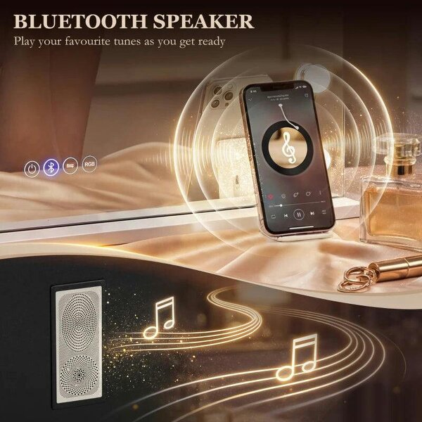 Vanity Mirror with Lights, Dimmable Makeup Mirror with Adjustable Colour Temperature, RGB Light, Bluetooth Speaker White