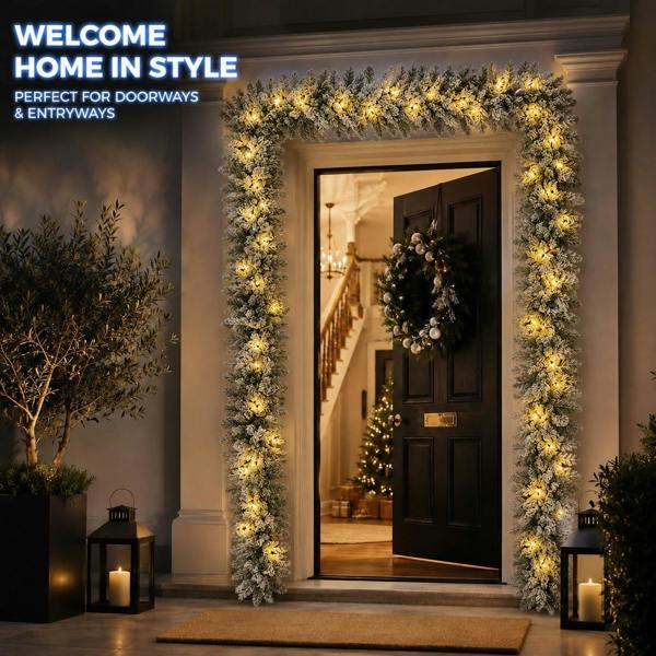 2m Pre-Lit Lapland Fir Christmas Wreath with 30 Warm White LEDs, Snow Flock Finish image 9