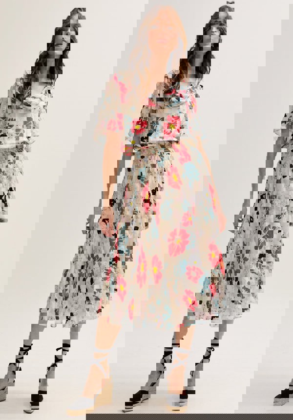 Galaxy Cowl Neck Poppy Print Midi Dress In Multi