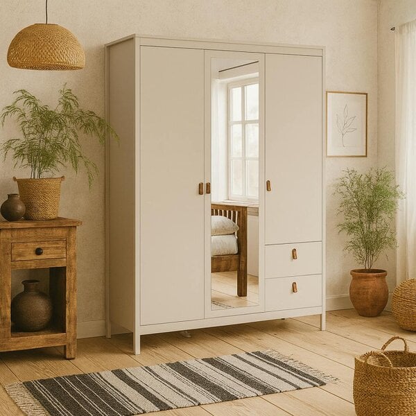 Wyld Haus Wildberry Cashmere Wooden Mirror Wardrobe with 3 Doors 2 Drawers Leather Handles