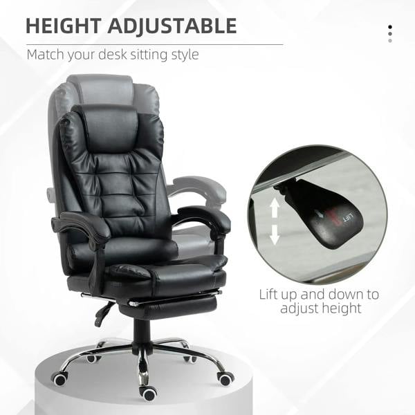 Black PU leather office chair with padded headrest and height-adjustable lever