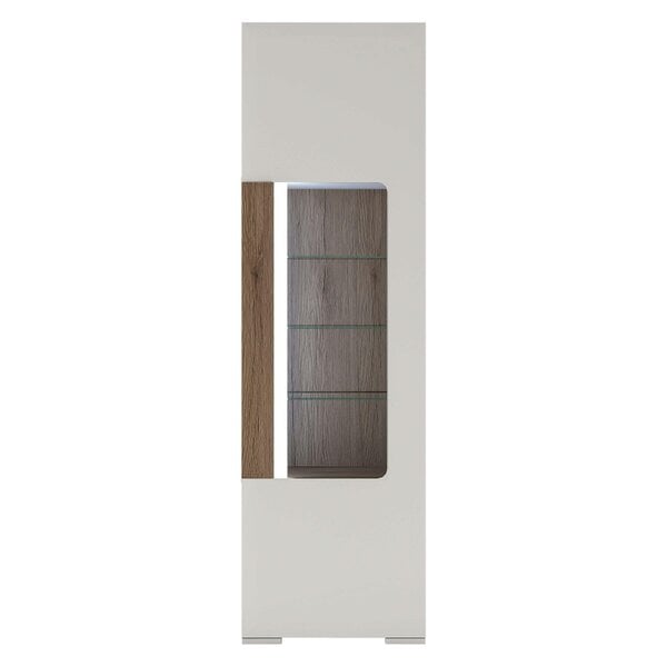 Wyld Haus Porto Tall Gloss White Display Cabinet Oak Detail 1 Door and 4 Shelves with Light