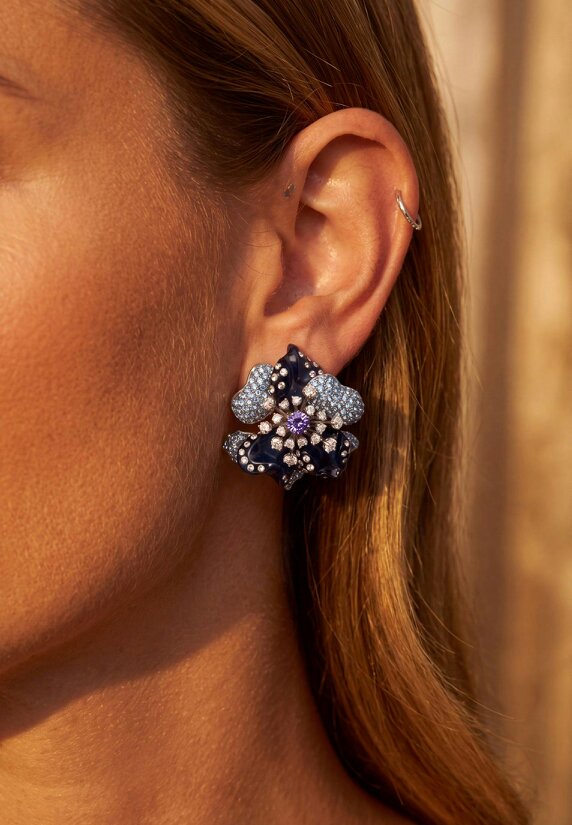 Latelita Blue Orchid Flower Stud Earrings Silver