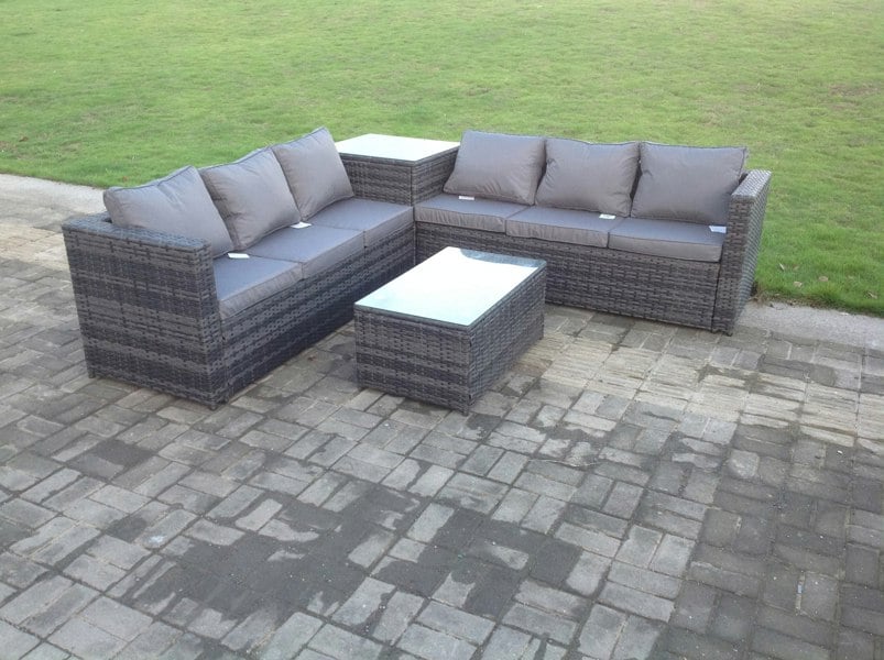 Fimous Grey Rattan Corner Sofa Set Outdoor Garden Furniture Oblong Coffee Table Set Patio With Cushions