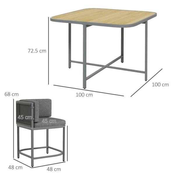 Grey rattan cube dining table with cushioned cube chair size diagram