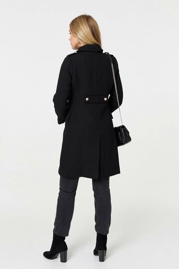 Black | Textured Knit Button Front Trench Coat

