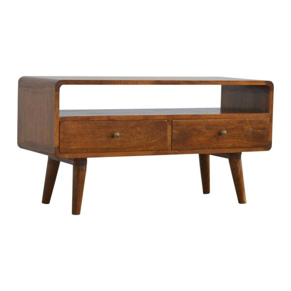 Wyld Haus Ostuni Low Curved Chestnut Mango Wood TV Media Unit 2 Drawers and Open Shelf