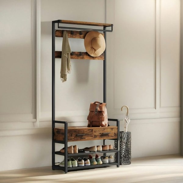 Rafaelo Mobilia Industrial Hall Tree Coat Rack Shoe Storage Bench Brown