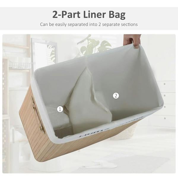 Natural wood laundry hamper with removable two-section white liner bag for sorting