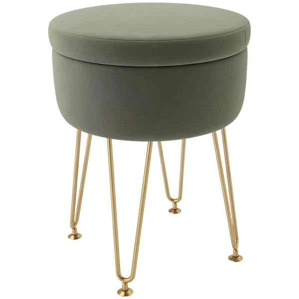 Green velvet-feel storage ottoman with round cushioned top and gold metal legs