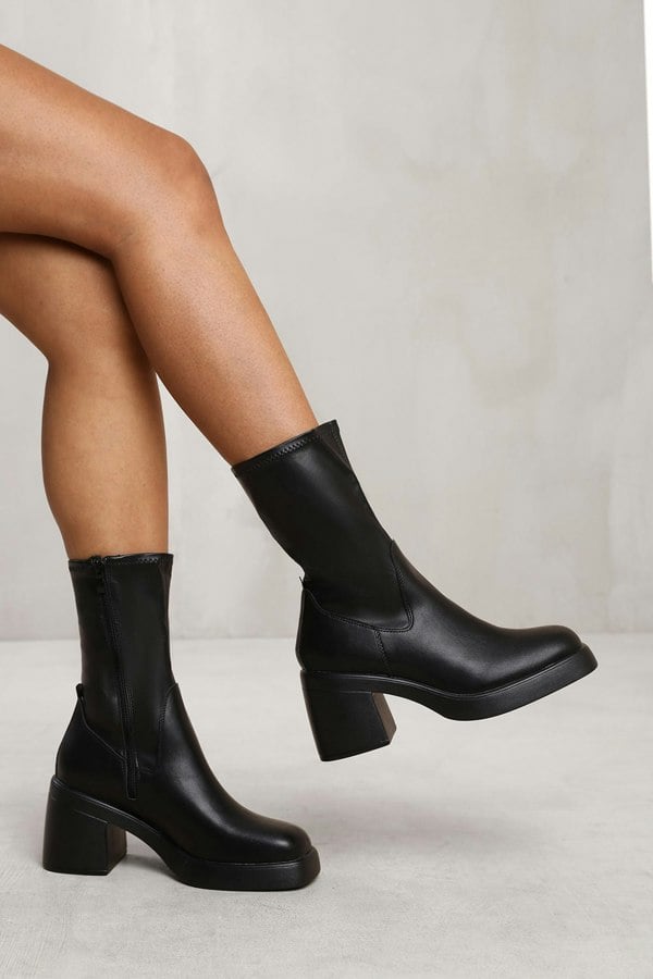 Where's That From Paloma Mid Calf Boot With Chunky Heel in Black Faux Leather