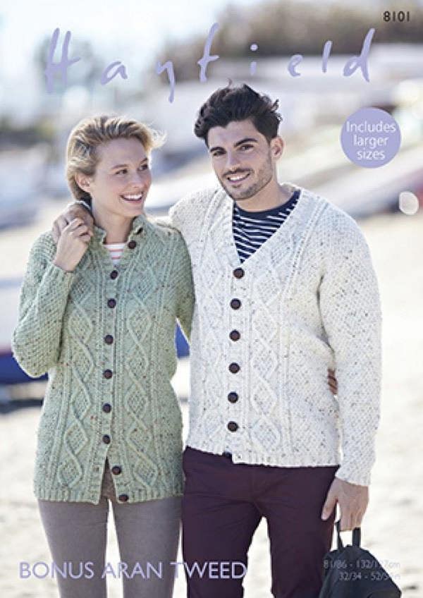 Hayfield Aran Knitting Pattern 8101, Cardigans for Women, Men, 32 - 54 inch - Advanced