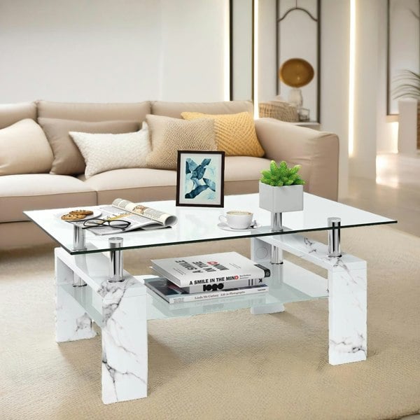 Rafaelo Mobilia 2 Tier Glass Coffee Table Marble Effect