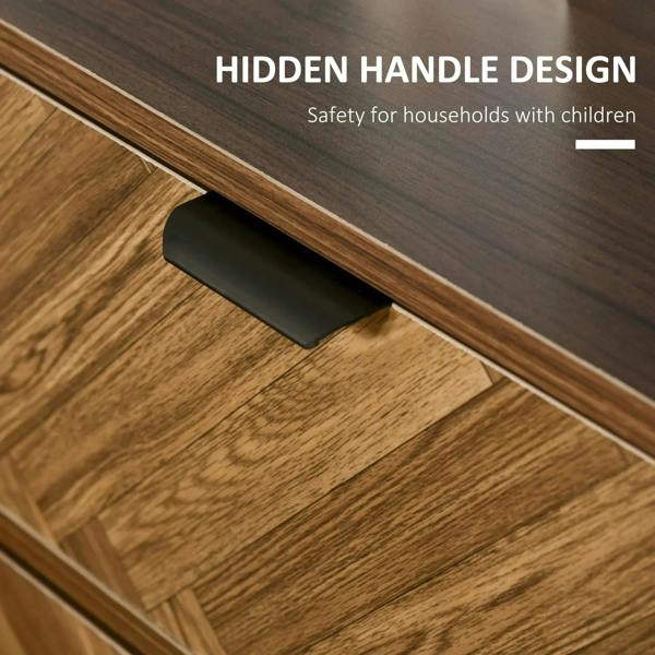 Walnut brown drawer front with hidden black metal handle for easy pull