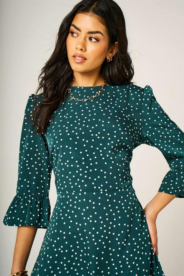 FS Collection Little Dot Print Frill Detail Mini Dress In Green