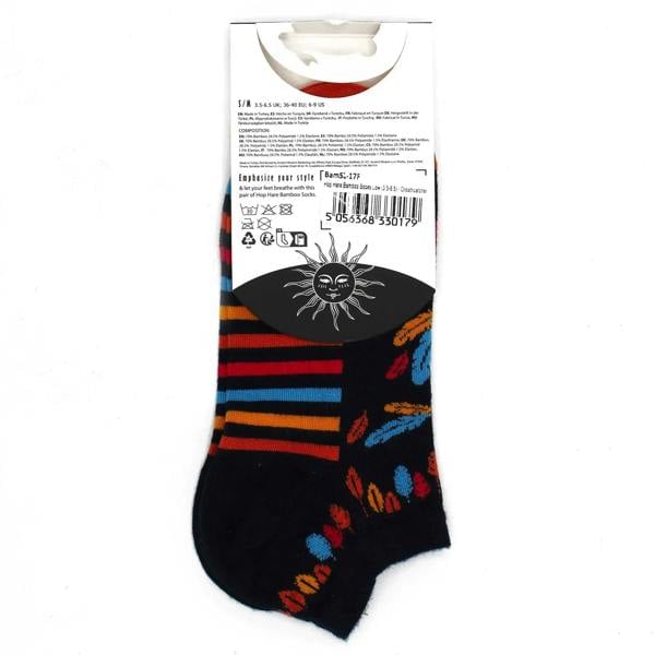 Low-cut bamboo socks, black with rainbow stripes and colorful insect/animal print