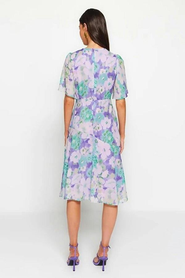 WOVCOR Floral Patterned A-Line Lined Midi Woven Dress