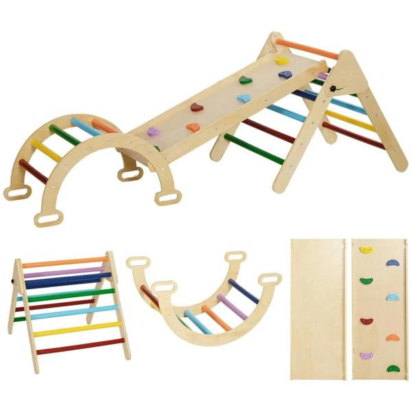 Multicoloured toddler climbing frame with ramp and arched obstacle, wooden panels and bars