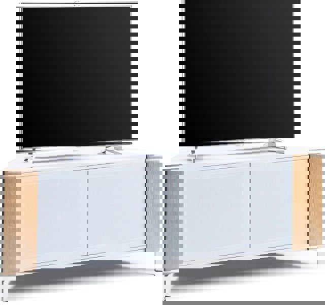 MDA Designs CORVUS Corner-Friendly Gloss White Contemporary Cabinet with Oak Profiles White BeamThru Glass Doors for Flat Screen TVs up to 50"