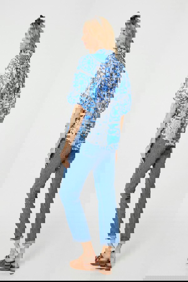 Blue | Patchwork Print 1/2 Puff Sleeve Shirt