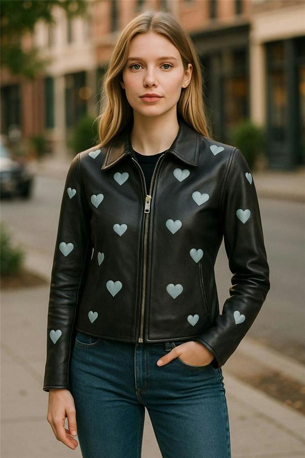 Infinity Leather Women’s Black Leather Hearts Biker Jacket  - Wynyard