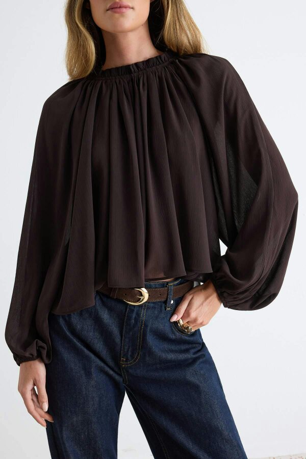 WOVCOR High Neck Raglan Sleeve Gathered Oversized Woven Blouse